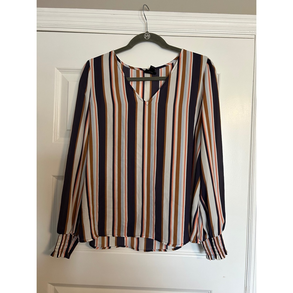 Worthington Womens Striped V-Neck Blouse Navy Rust Smocked Cuff Top Medium